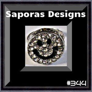 Size 7 Silver Tone & Black Smiley Face Ring With Clear Crystals Adjustable Ring